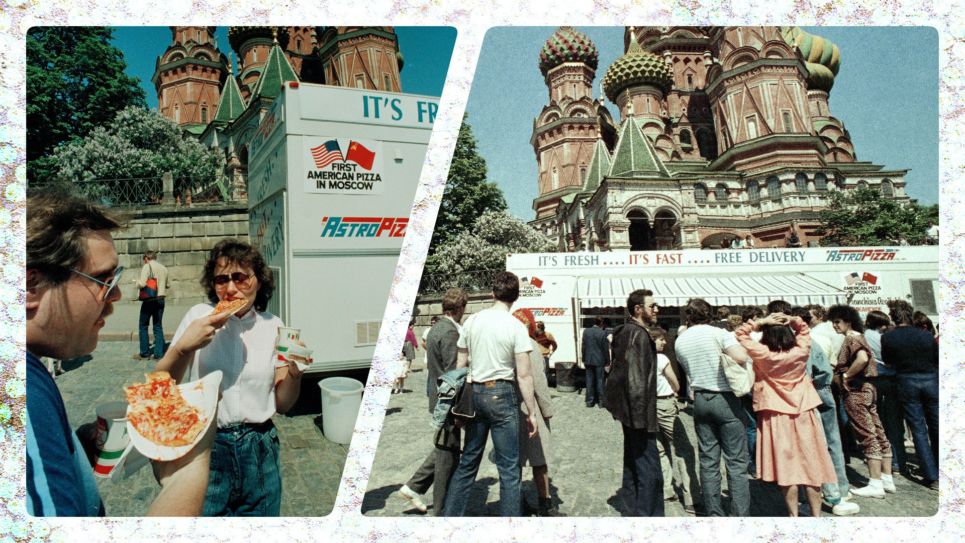 Orang Soviet makan pizza ala Amerika dari penjual truk di Lapangan Merah, Moskow, 28 Mei 1988.
