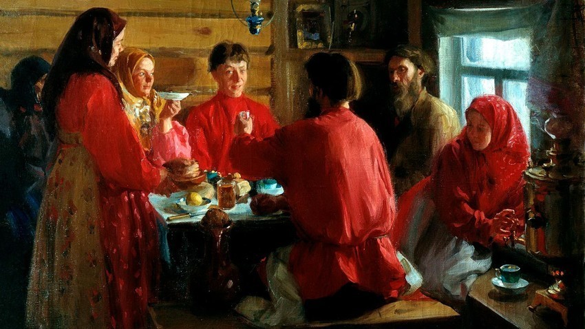 "di dalam Izba Petani" oleh Ivan Kulikov, 1902. 