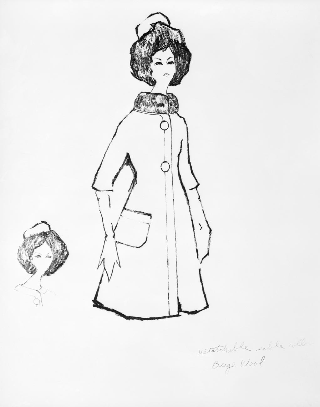 Este boceto muestra el abrigo de lana marrón de acabado suave para el vestuario de la toma de posesión de Jackie Kennedy.
