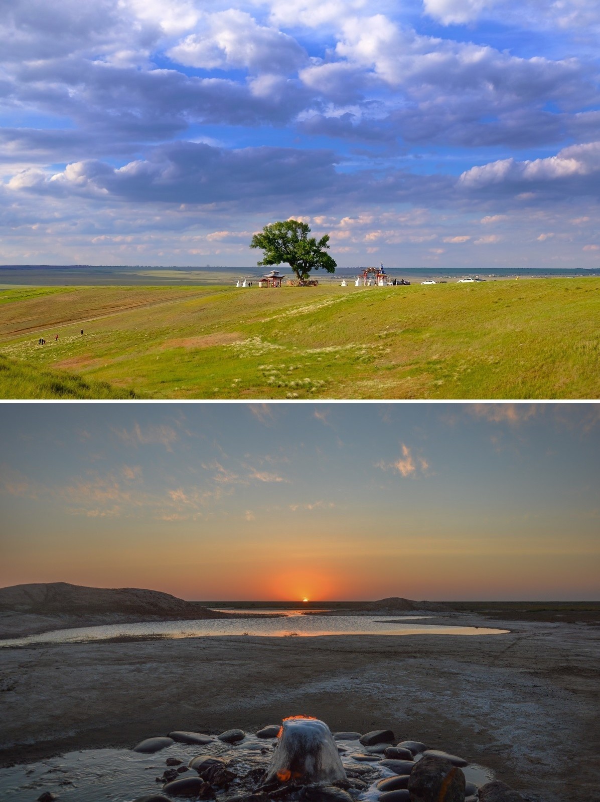 Planted by a Buddhist monk in 1846, the ‘Lone Poplar’ dominates the Kalmyk steppe. On the second photo: a source of salt water that also emits gas, which makes it possible to ignite it and to pass one’s hand over it without getting burned. 
