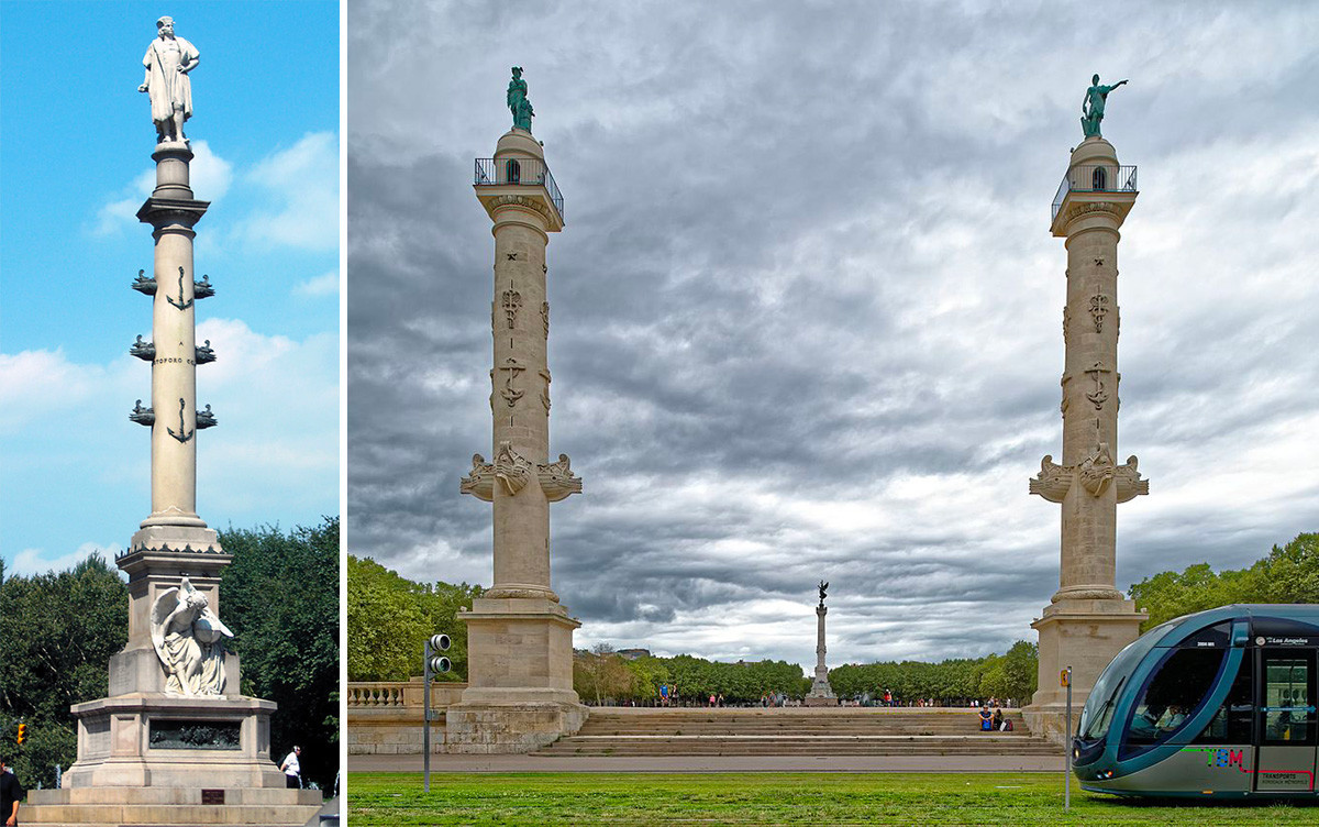Monumen di Columbus Circle (kiri) and pilar-pilar rostral di Place des Quinconces, Bordeaux, Prancis.

