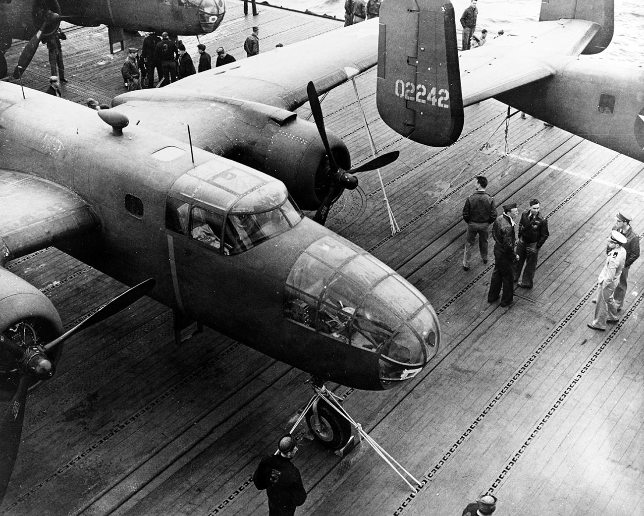 Army Air Forces B-25B bombers parked on the flight deck of USS Hornet.