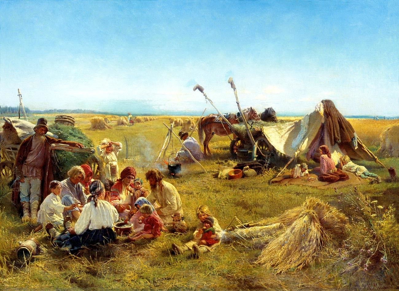 Almoço de camponeses no campo. Pintura de Konstantin Makovski, 1871.