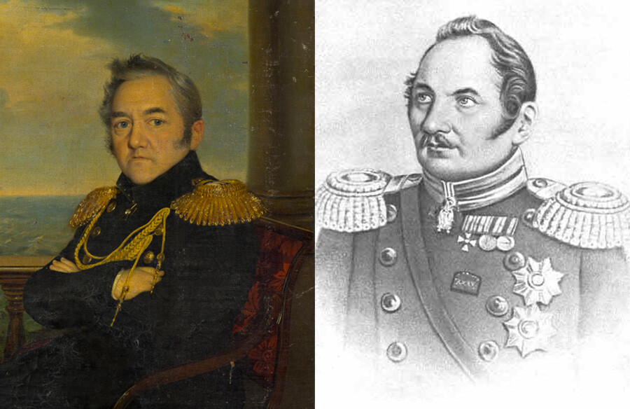Potret Laksamana Mikhail Lazarev dan Faddei Bellingshausen (1778-1852), Laksamana Rusia dan penemu Antartika.