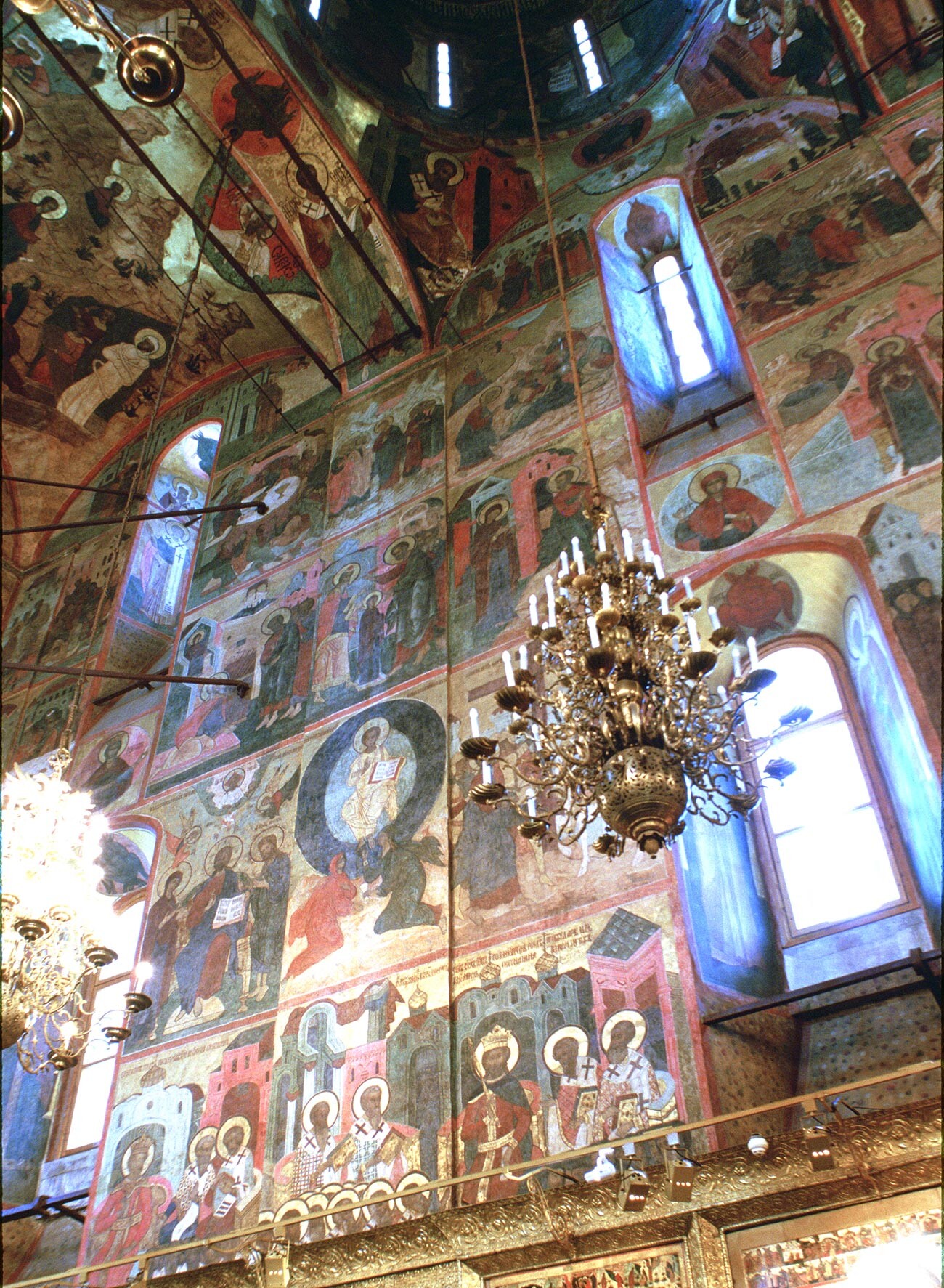 Dormition Cathedral, interior. North wall with frescoes of Ecumenical Councils (bottom row), veneration of Christ & scenes from life of Virgin Mary (upper row). July 11, 1999