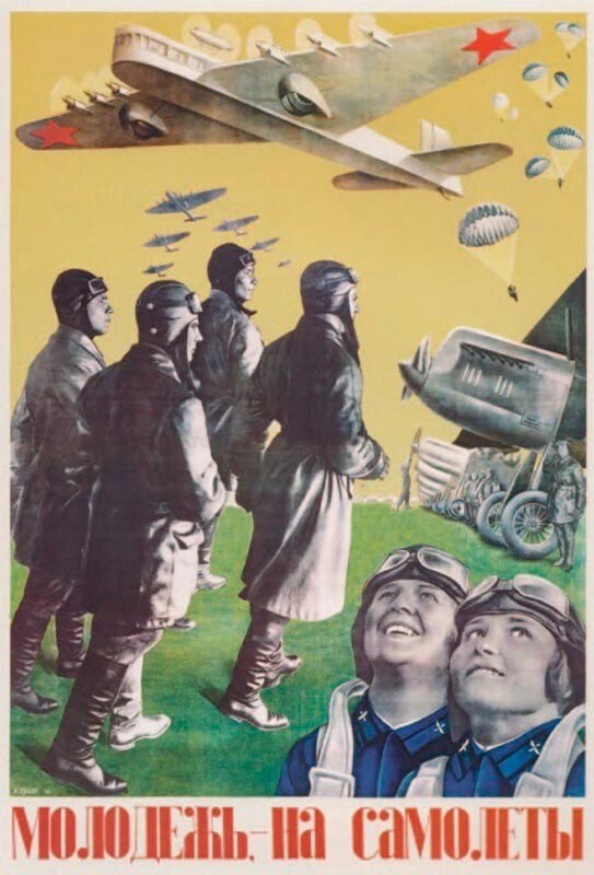 Juventud, ¡súbete a los aviones! Cartel del artista G. Klutsis, 1934