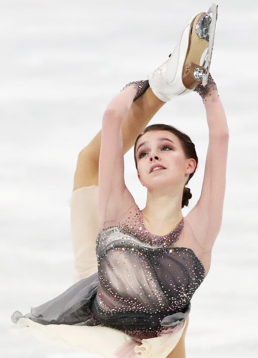 Stockholm. Anna Shcherbakova (Russia) during a performance in the free program of women's single skating at the World Figure Skating Championships