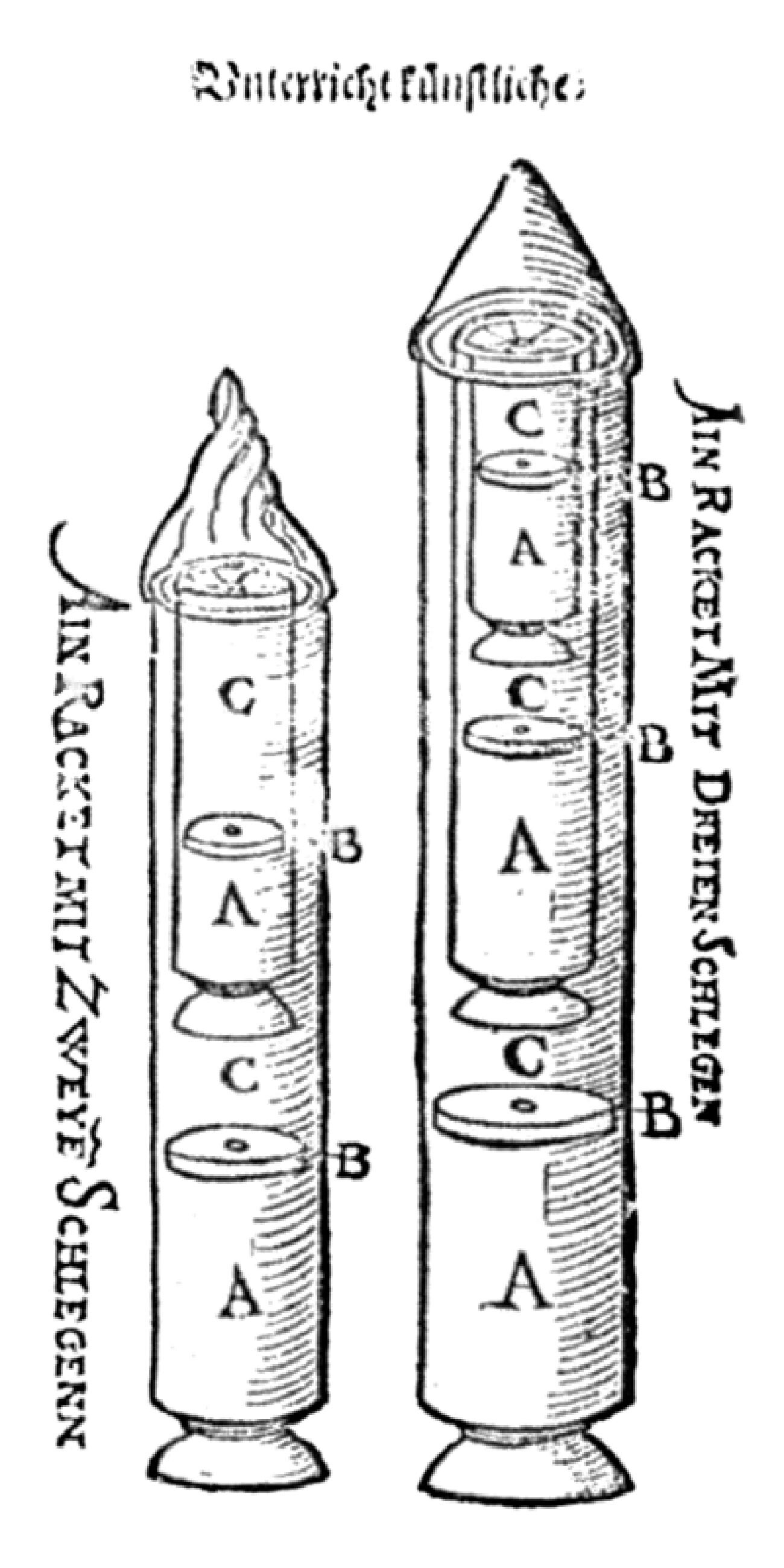 Schéma d'une fusée à plusieurs étages par Conrad Haas, 1529
