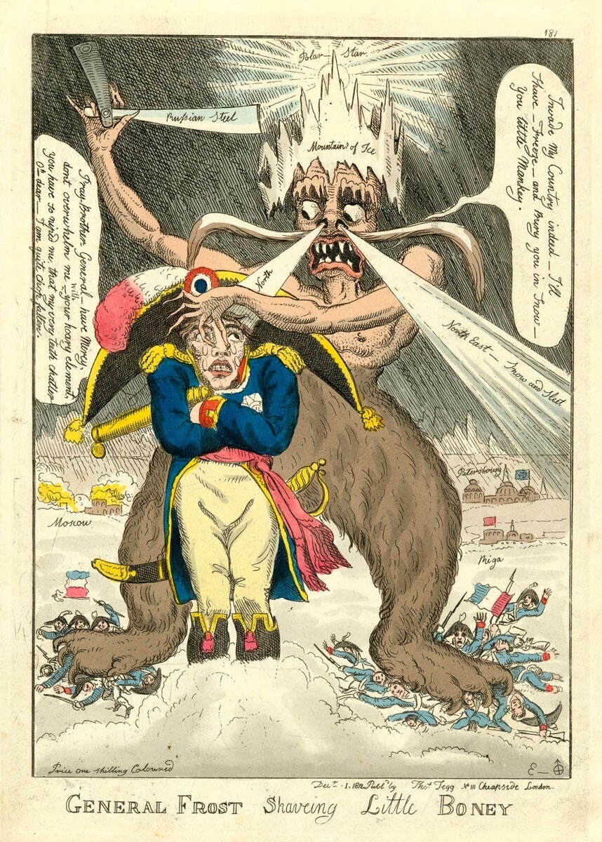 „Генерал Мраз го бричи малиот Бони“, Вилијам Елмс, 1812 година.
