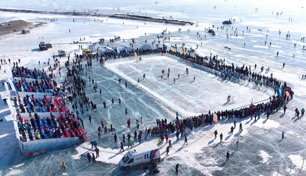 During a hockey match on Lake Baikal in the village of Bolshoe Goloustnoe in 2021