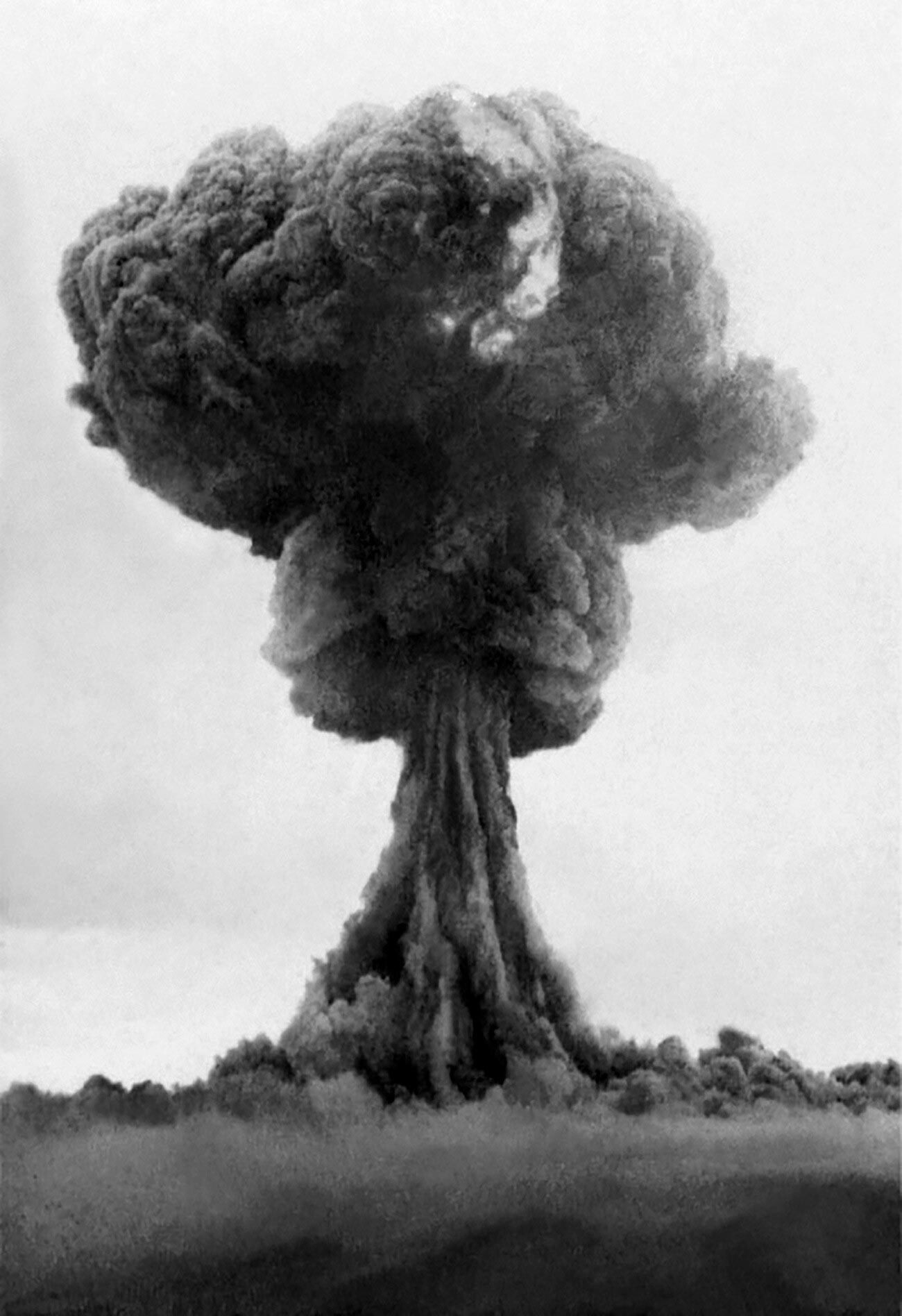 The mushroom cloud after the explosion of RDS-1, the first Soviet nuclear bomb, 1949.