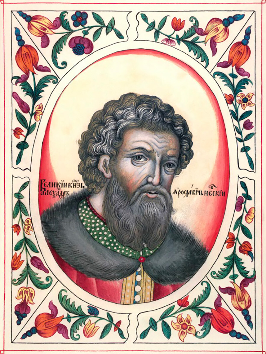 Prince Alexander Nevsky. Miniature from the Tsarskiy titulyarnik (Tsar's Book of Titles).