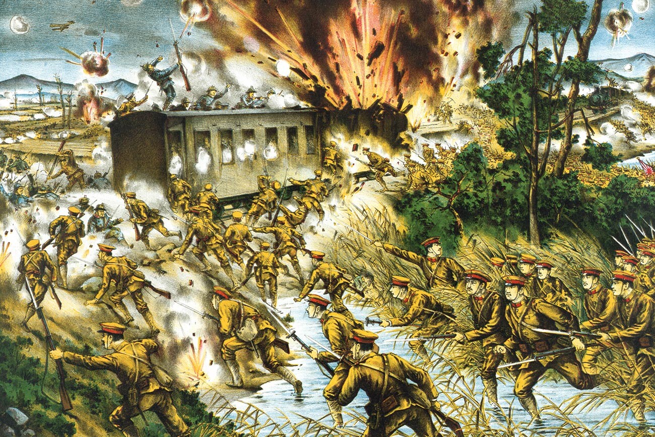 Japoneses atacam as forças comunistas russas em um trem ao longo do rio Amur