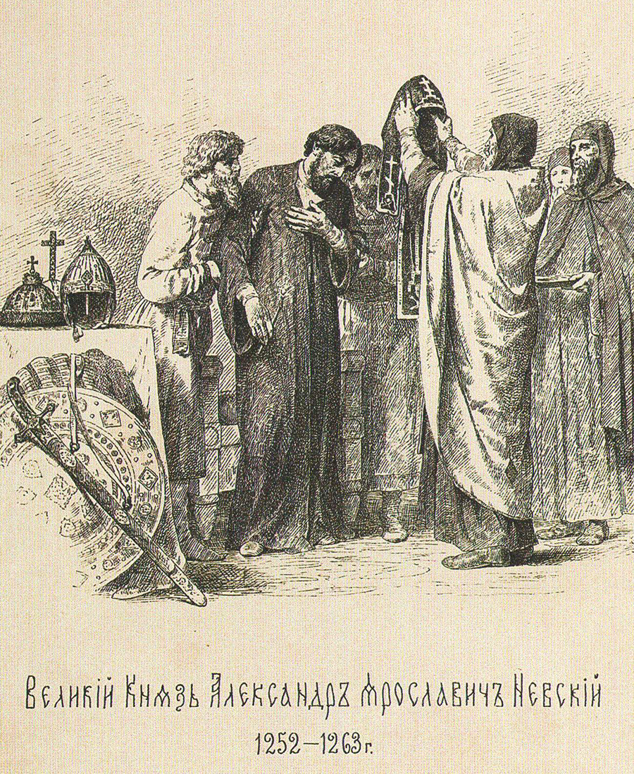 Alexandre Nevski prête le serment monastique peu de temps avant sa mort. Dessin de Vassili Verechtchaguine, 1896