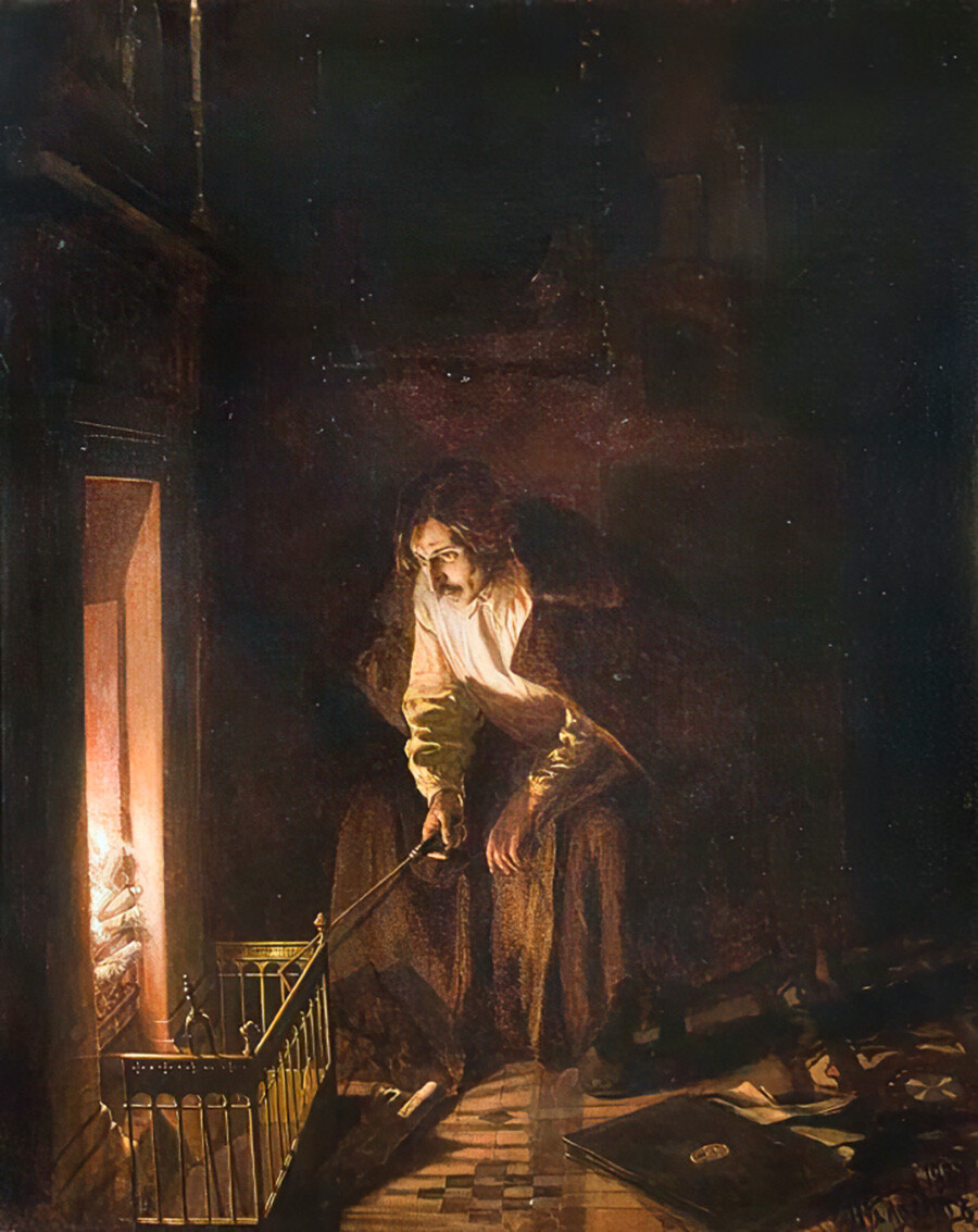Михаил Петрович Клодт, Крај „Мртвих душа“ (Гогољ спаљује рукопис), уље на платну, 104х83, 1887.