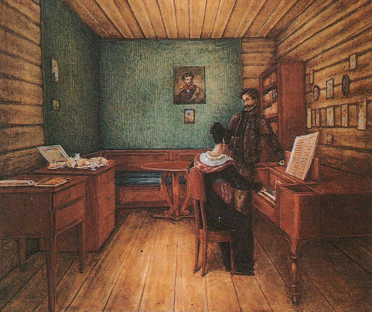 “Sergej Volkonskij con sua moglie nella cella assegnata loro nella prigione Petrovskij”, dipinto di Nikolaj Bestuzhev, 1830
