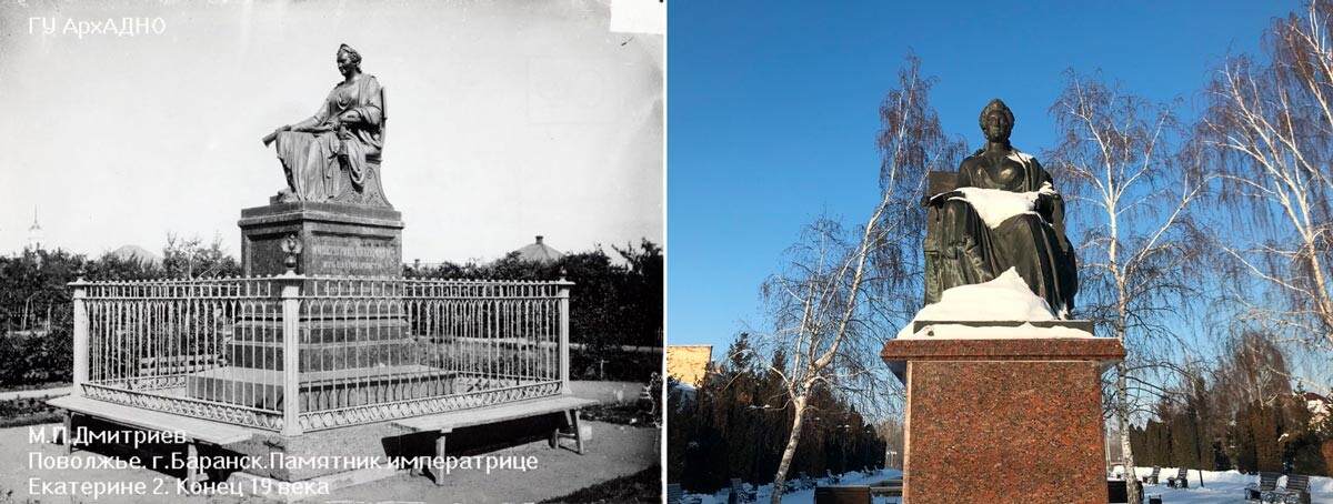 Исторический памятник Екатерине II и его современный вариант в Марксе.