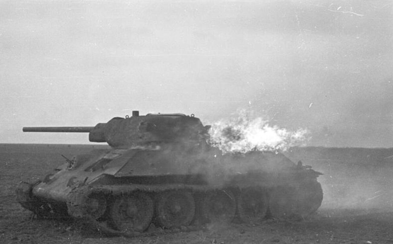 Burning T-34 during the Battle of Brody-Lutsk-Rovno. 