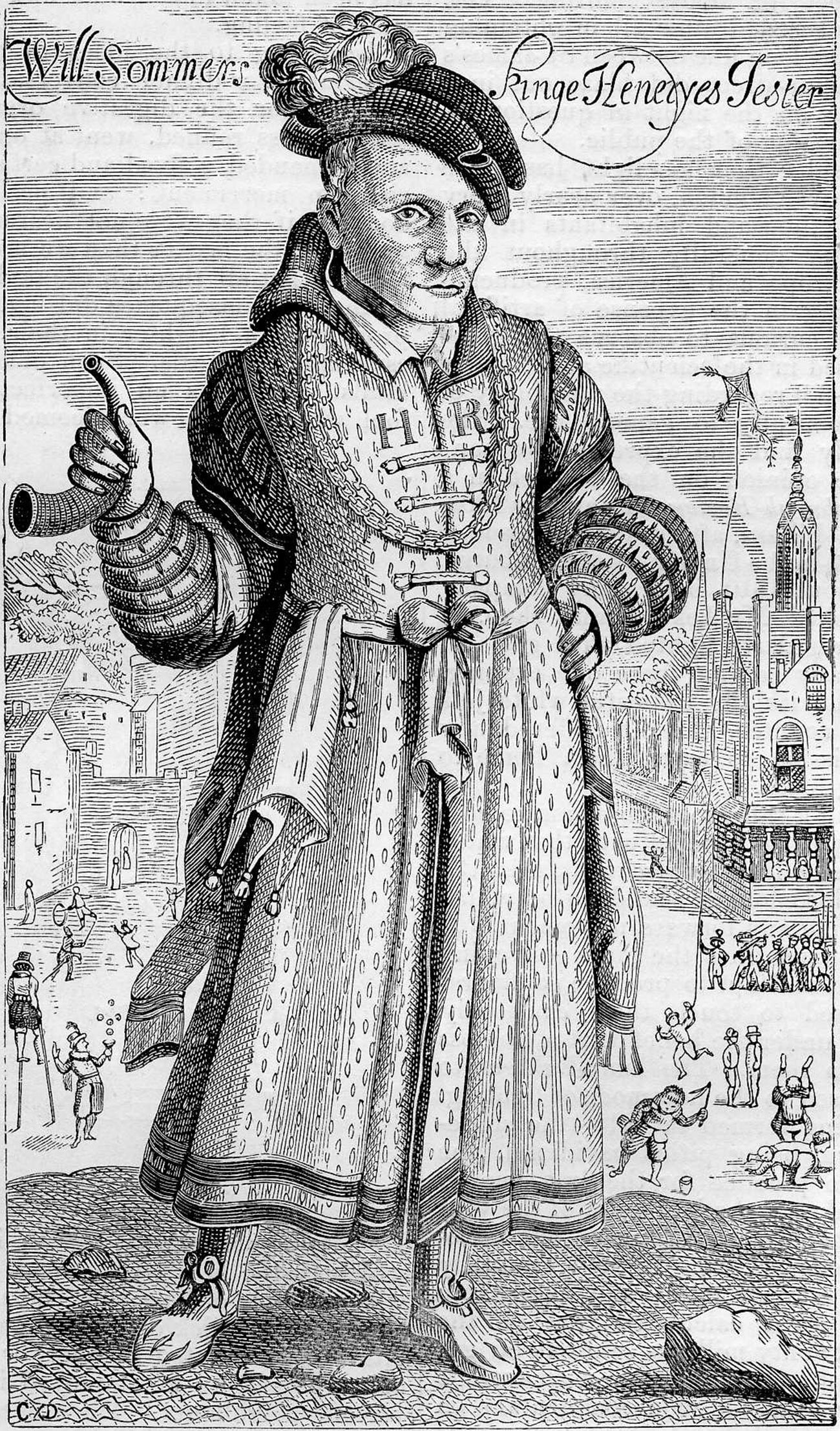 Engraving of Will Sommers by Francis Delaram, c. 1615–1624.