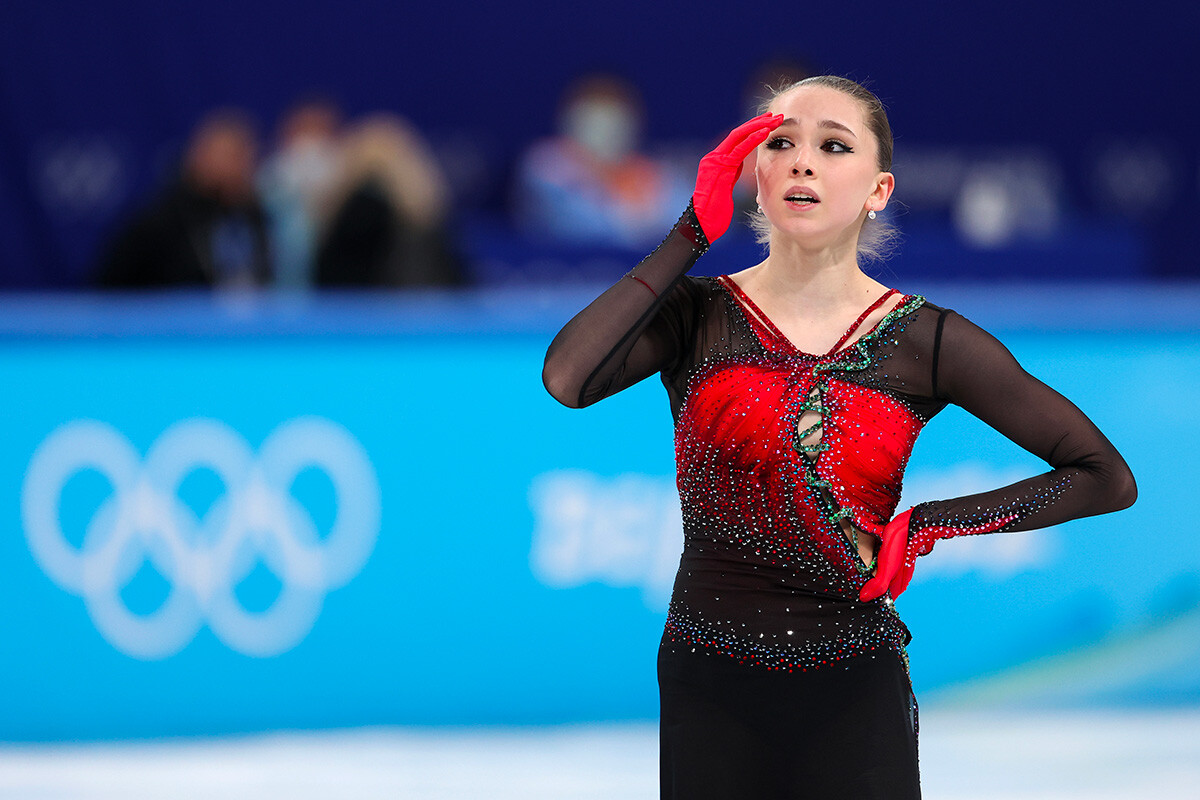 Kamila Valieva of Team ROC reacts during the Women Single Skating Free Skating Team Event on day three of the Beijing 2022 Winter Olympic Games at Capital Indoor Stadium on February 07, 2022 in Beijing, China