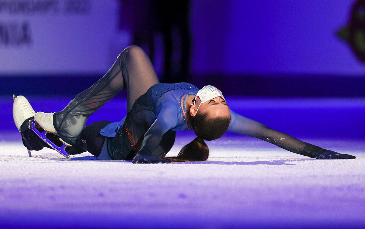 Figure skater Kamila Valiyeva of Russia performs during an exhibition gala at the 2022 ISU European Figure Skating Championships at the Tondiraba Ice Hall