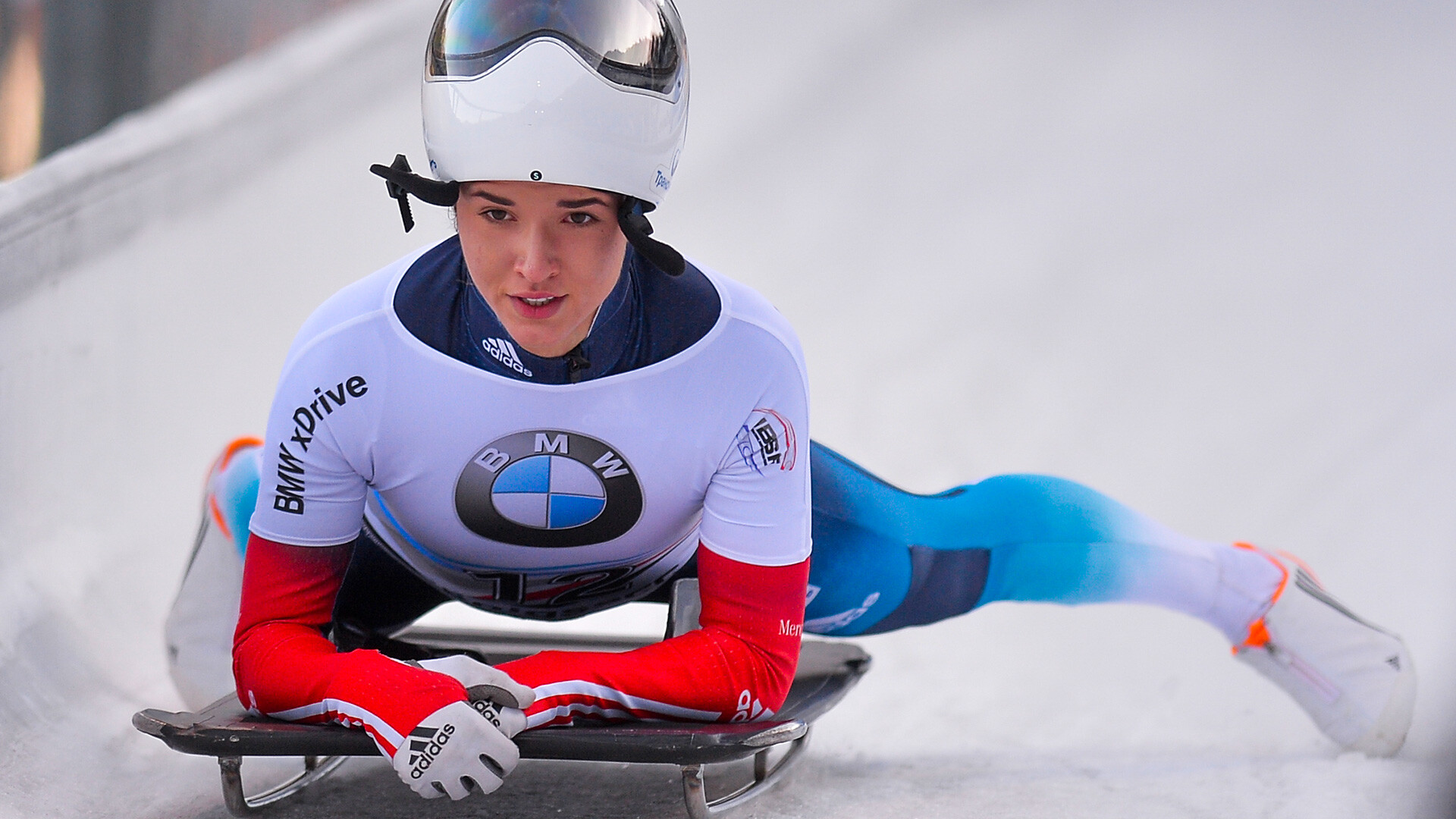 Yulia Kanakina at the finish of the women's skeleton competition at the third stage of the Bobsleigh and Skeleton World Cup in Koenigsee