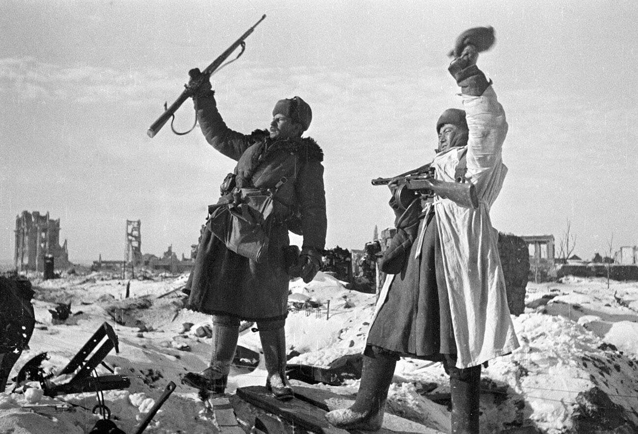 Soviet soldiers celebrate their victory in Stalingrad.