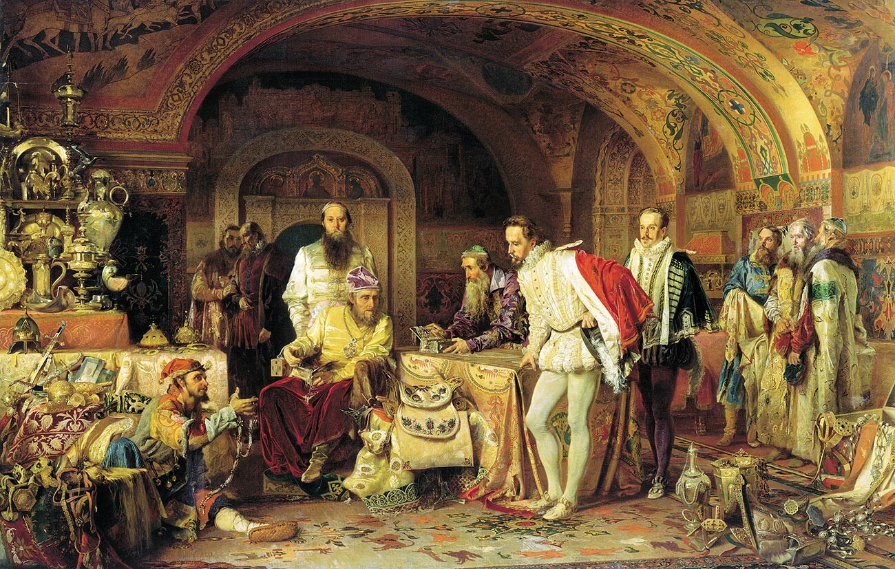 Ivan le Terrible montre ses trésors à l'ambassadeur anglais Jerome Horsey. L'un des bouffons d'Ivan est représenté dans le coin inférieur gauche.
