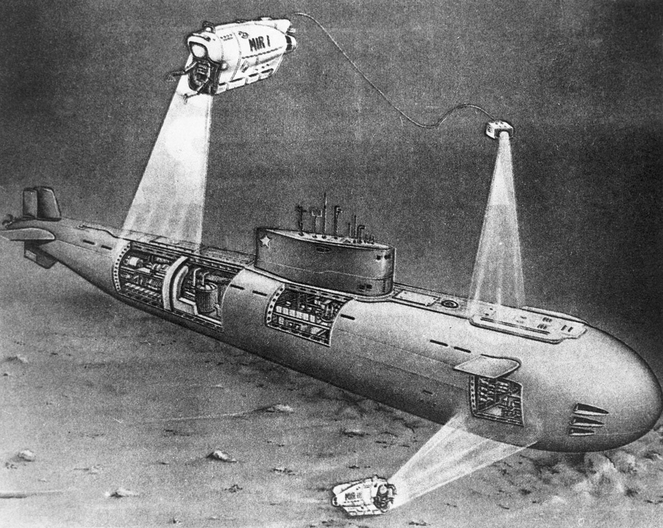 Репродукција слике „Норвешко море. Нуклеарна подморница ’Комсомолец’“, која приказује истраживање стручњака потонуле нуклеарне подморнице помоћу дубоководног апарата „МИР-I“.