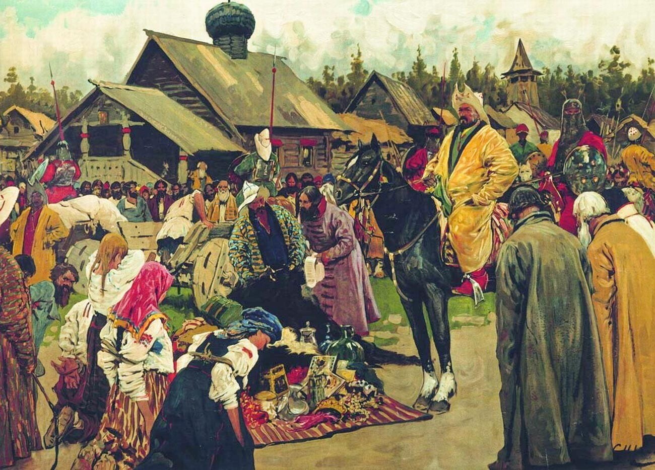 Baskaki (fiscais) tártaros chegando a uma vila russa para receber impostos (Baskaki, de Serguêi Ivanov, 1909)


