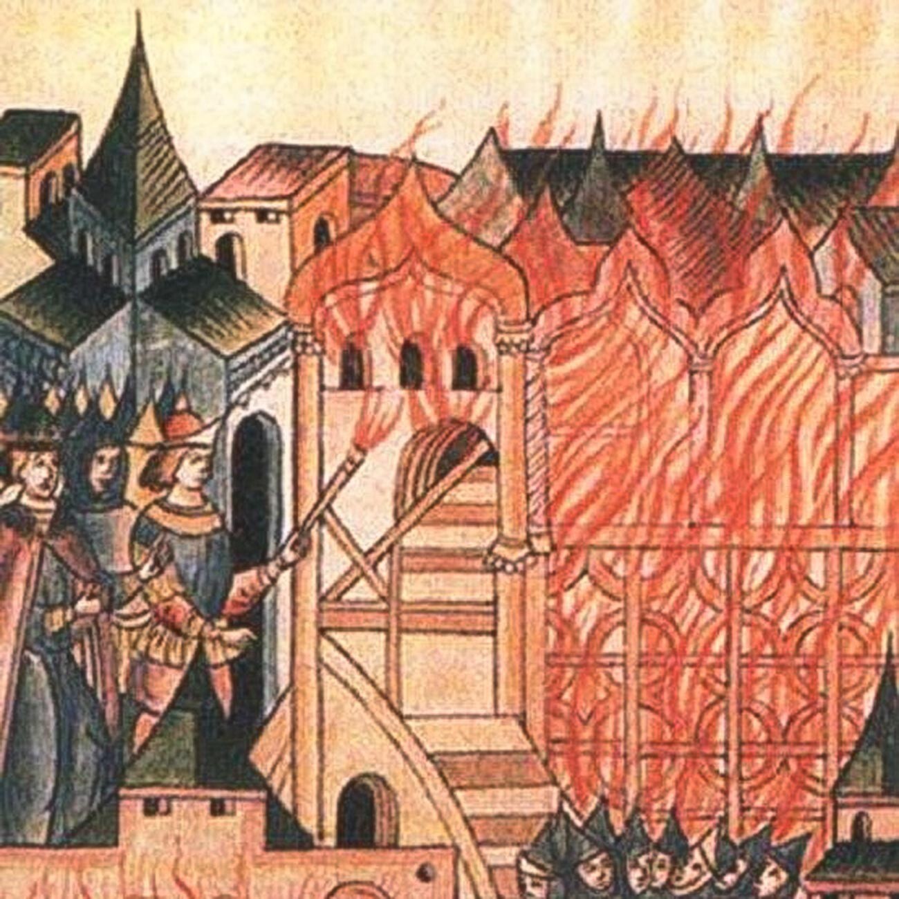Pemberontakan Tver tahun 1328 seperti yang terlihat dalam Kronik-Bergambar Rusia, abad ke-16. Dalam ilustrasi ini, orang-orang Tver tengah membakar istana, sementara Cholkhan, sepupu Uzbeg Khan, terkurung di dalamnya.
