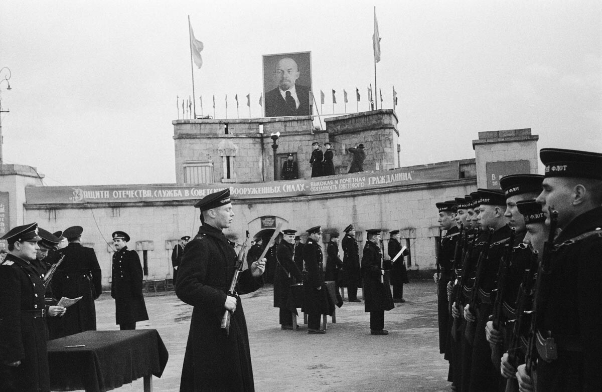 Sailors and officers in the parade ranks during the celebration of Soviet Army and Navy Day in 1964.