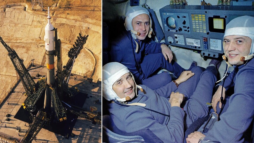 6 юни 1971 г. "Союз-11" на космодрума "Байконур"/Екипажът на космическия кораб "Союз-11" в тренажора