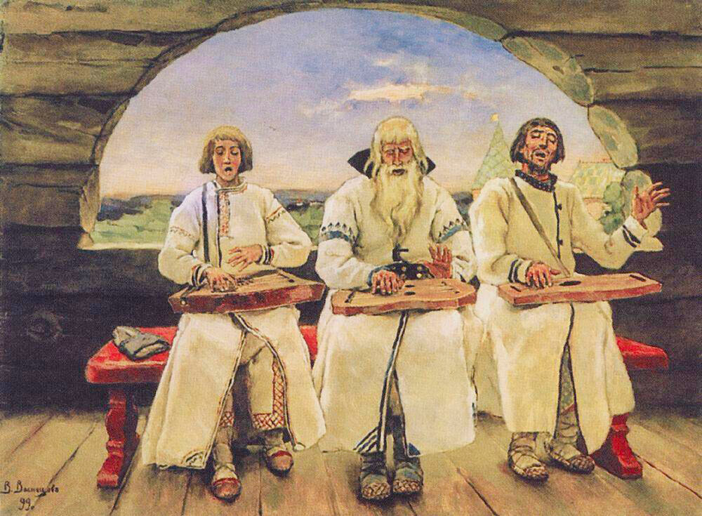 Pemain alat musik gusli, ilustrasi oleh Viktor Vasnetsov, 1899.