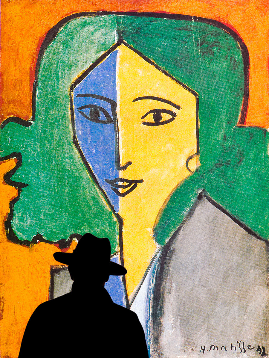 Mann studiert Porträt von Lydia Delektorskaja von Henri Matisse, 1947.