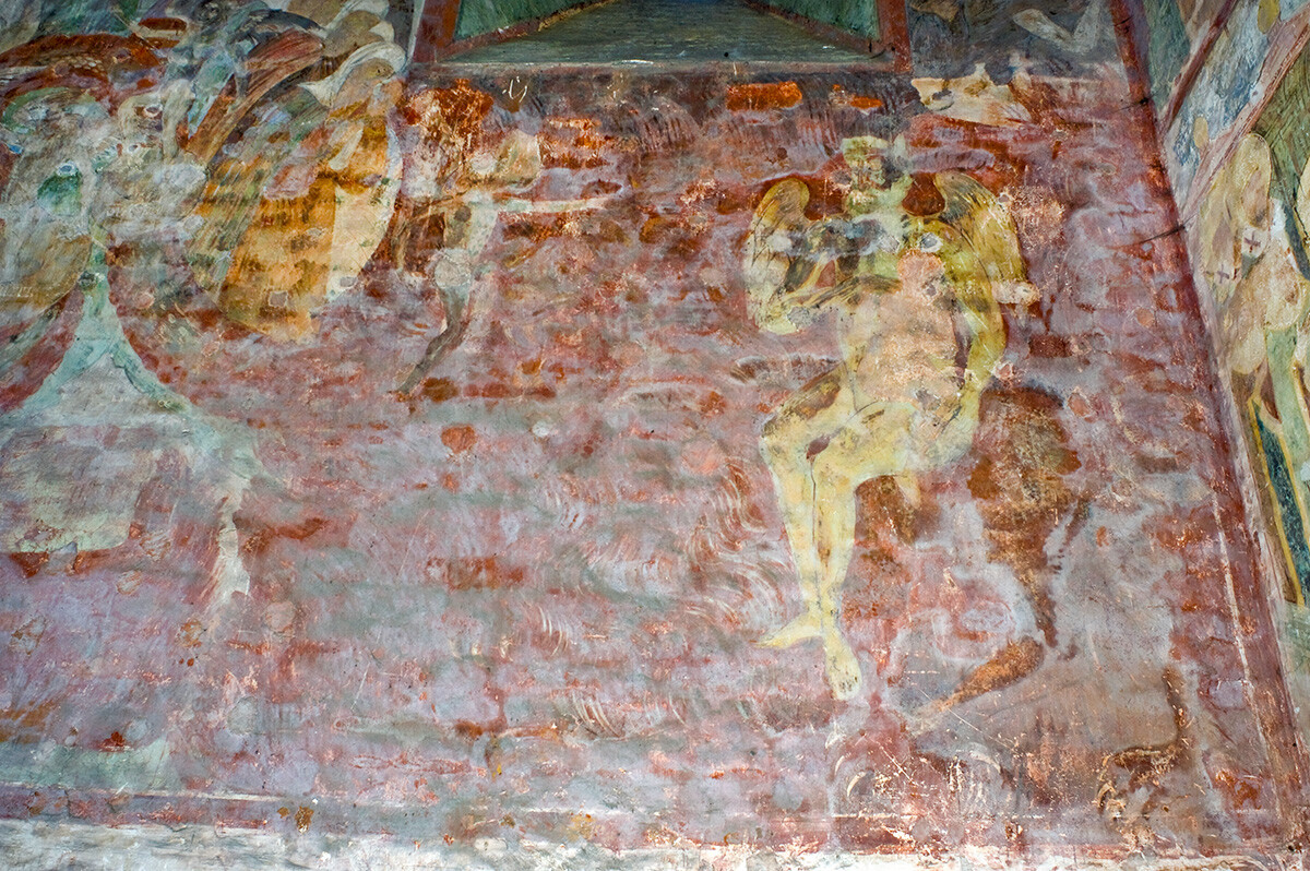 St. Sophia Cathedral. West wall, lower right side. Last Judgement fresco (Satan enthroned in fiery pit), damaged by moisture seepage. July 17, 2013