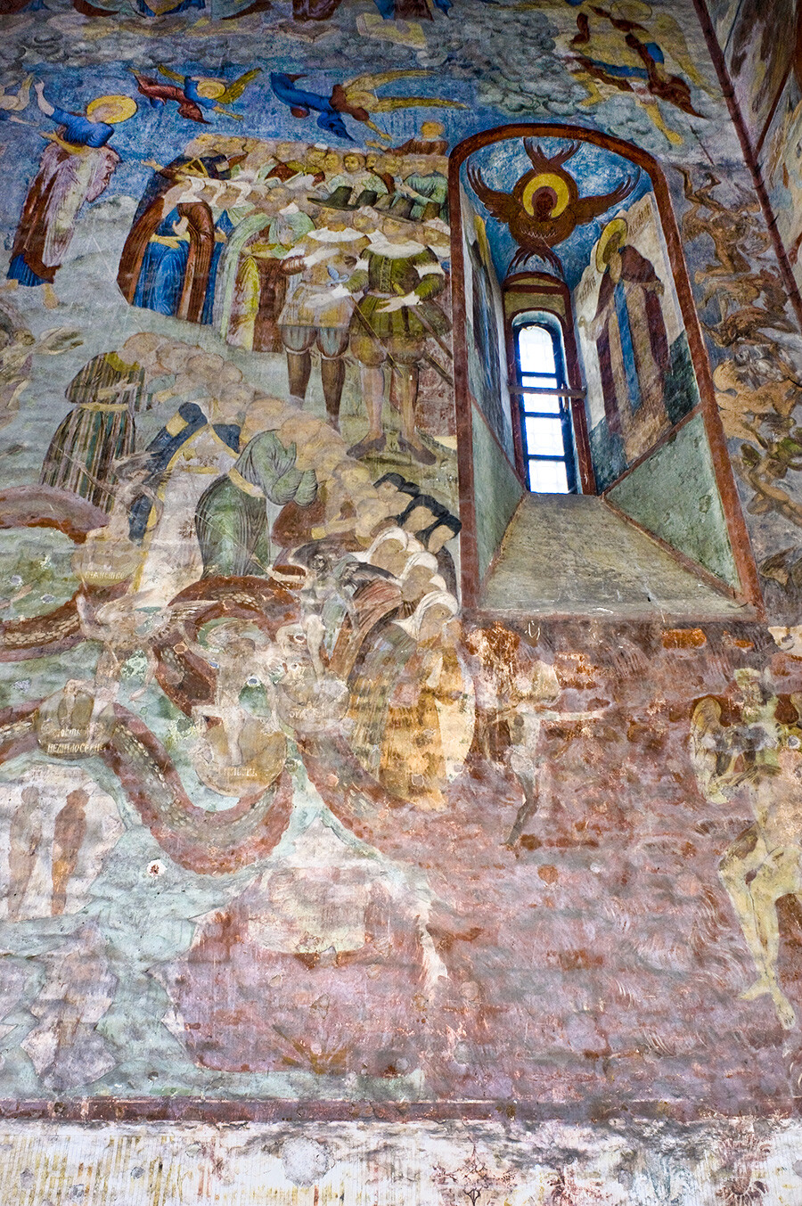 St. Sophia Cathedral. West wall, right side. Last Judgement fresco: foreigners among the damned & serpent descending with sinners to hell. July 17, 2013