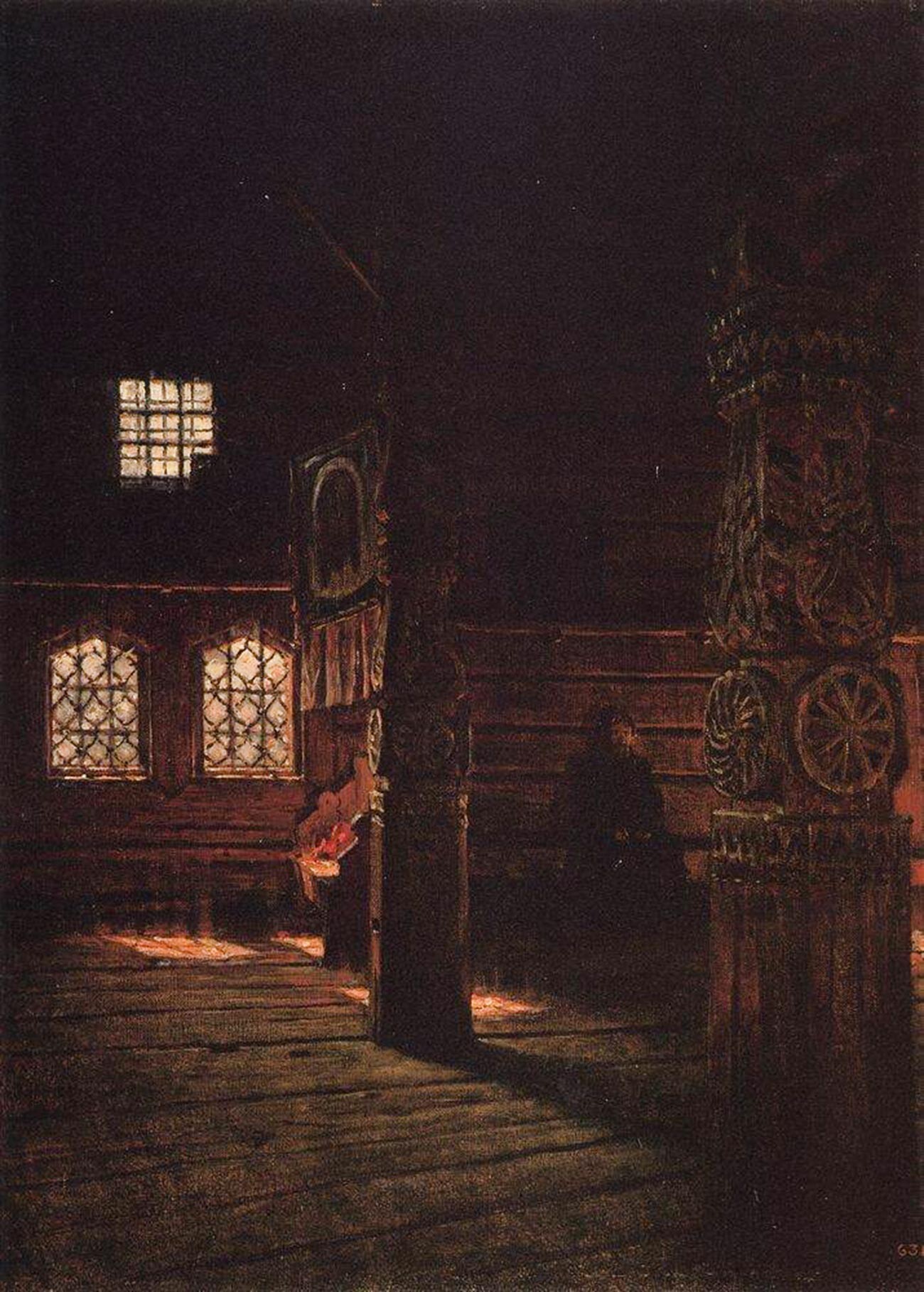Interior view of the wooden church of Peter and Paul in Puchuga, 1894.