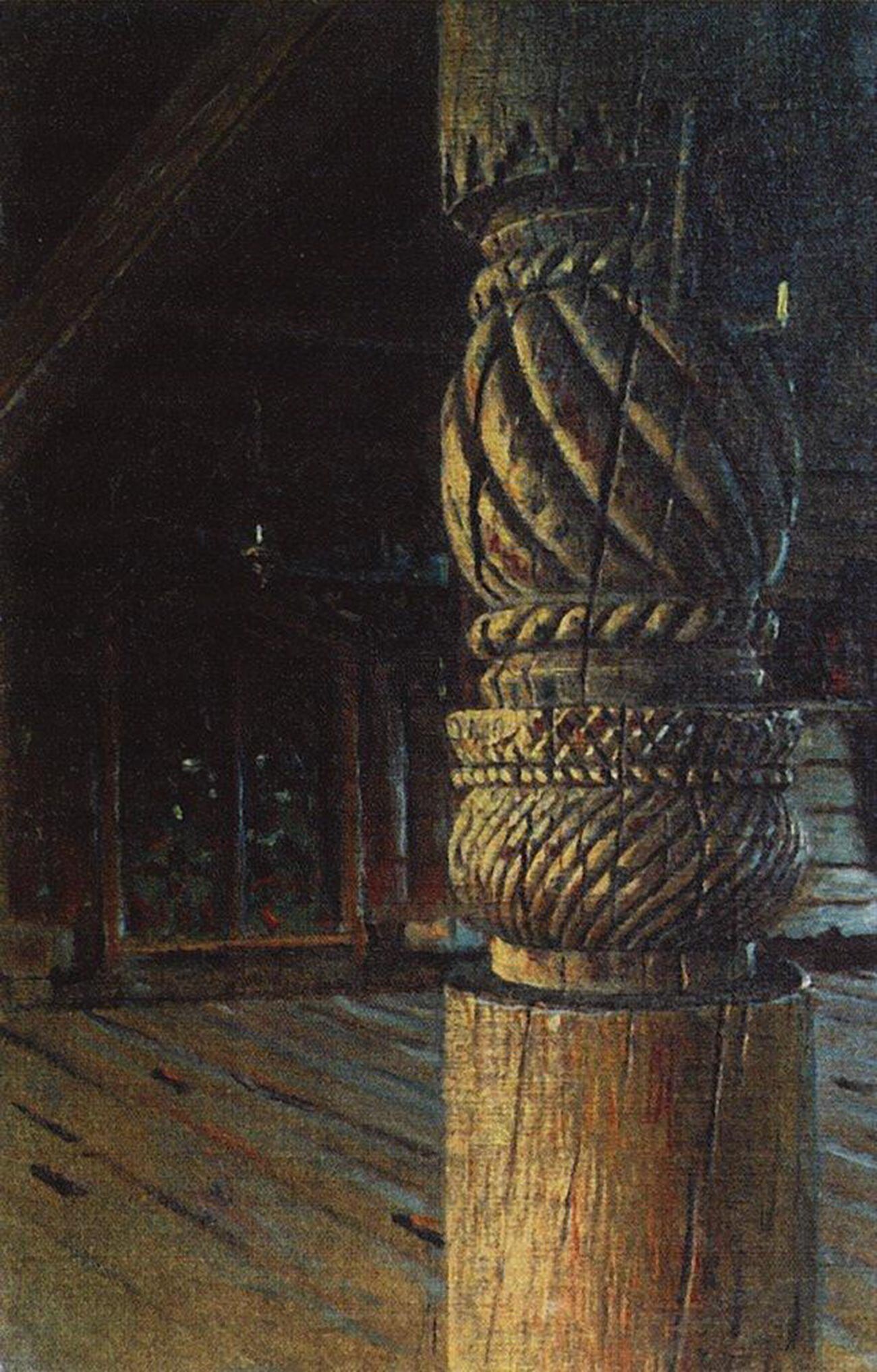 Резбована колона в трапезарията на Петропавловската църква в село Пучуги, Вологодска губерния