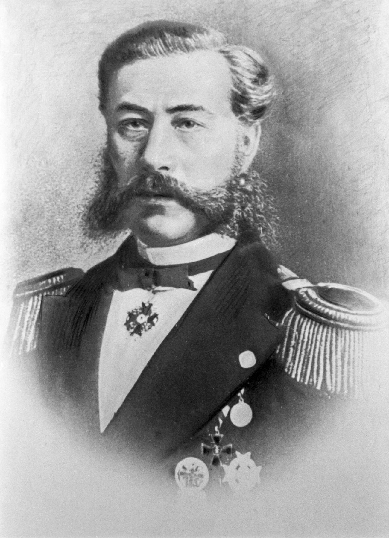 Portret Aleksandra Fjodoroviča Možajskega (1825 - 1890), admirala ruske flote, izumitelja letal in oblikovalca enega prvih letal na svetu. 