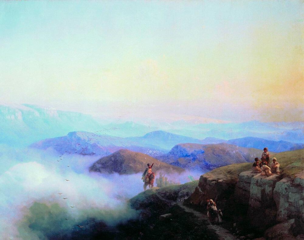 Цепи Кавказских гор. Вид с Каранайских гор на Темир-Хан-Шуру, на Каспийском море, 1869 г.