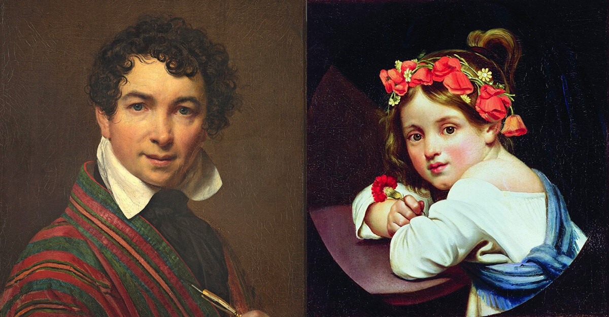 Potret diri (kiri), 1828; gadis dengan karangan bunga poppy, 1819, oleh Orest Kiprensky