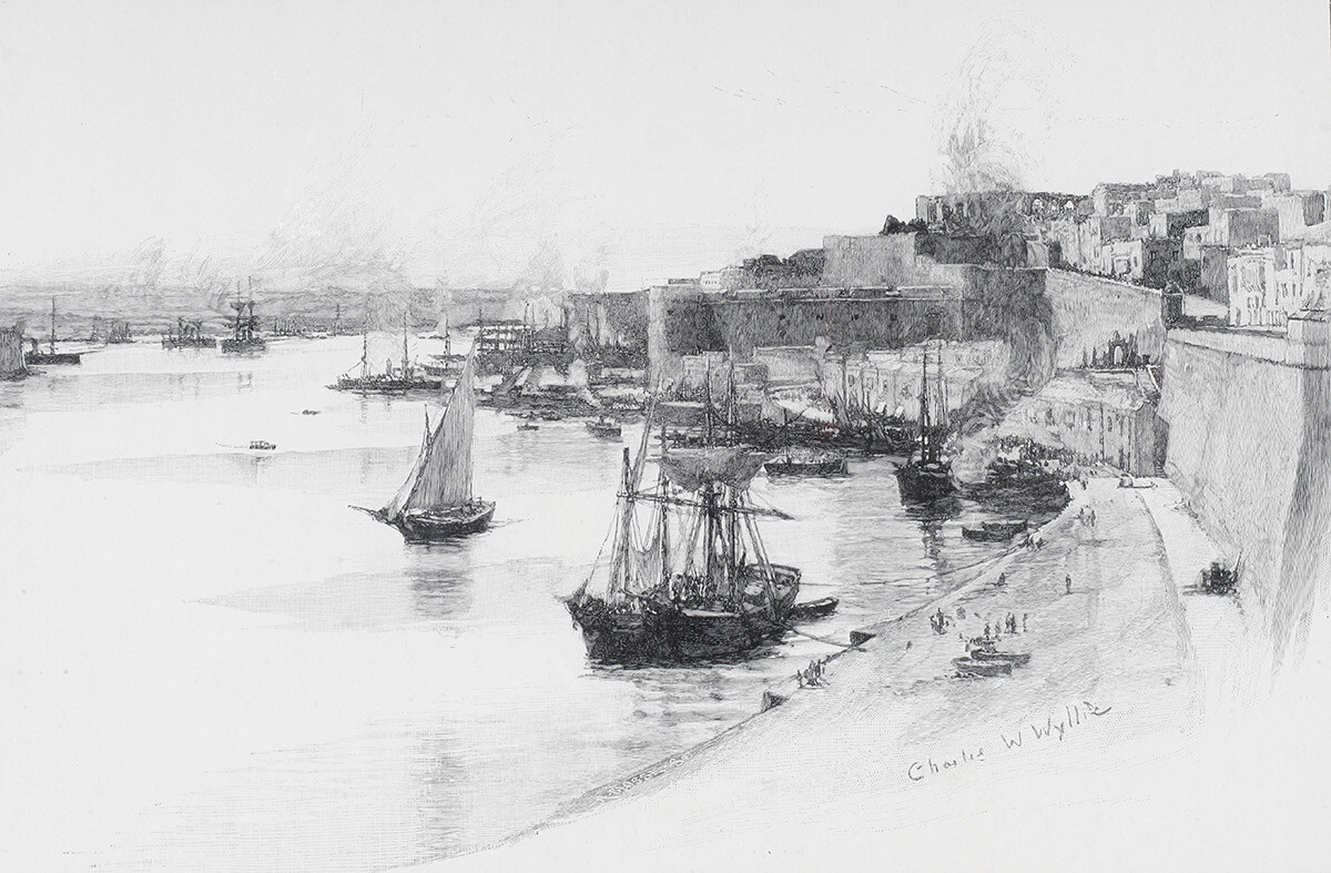 Los muelles del Gran Puerto de La Valeta, Malta, por Charles William Wyllie (1859-1923) 