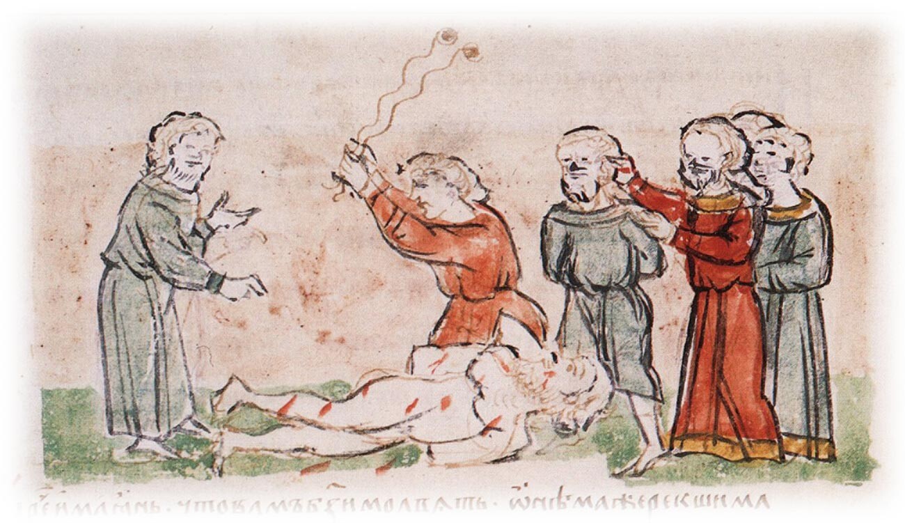 Châtiment des volkhves sur ordre de Ian Vychatitch, noble de la Rus' de Kiev. Illustration issue de la Chronique des Radziwiłł