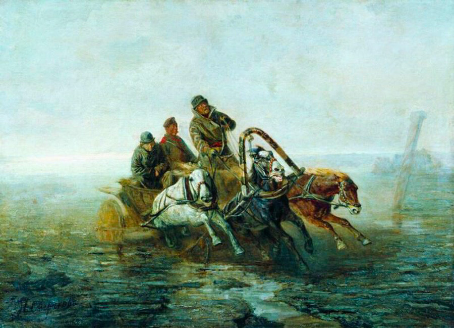 ニコライ・スヴェルチコフ『大いなるシベリアの道を行く』（『流刑へ』）（1883年）