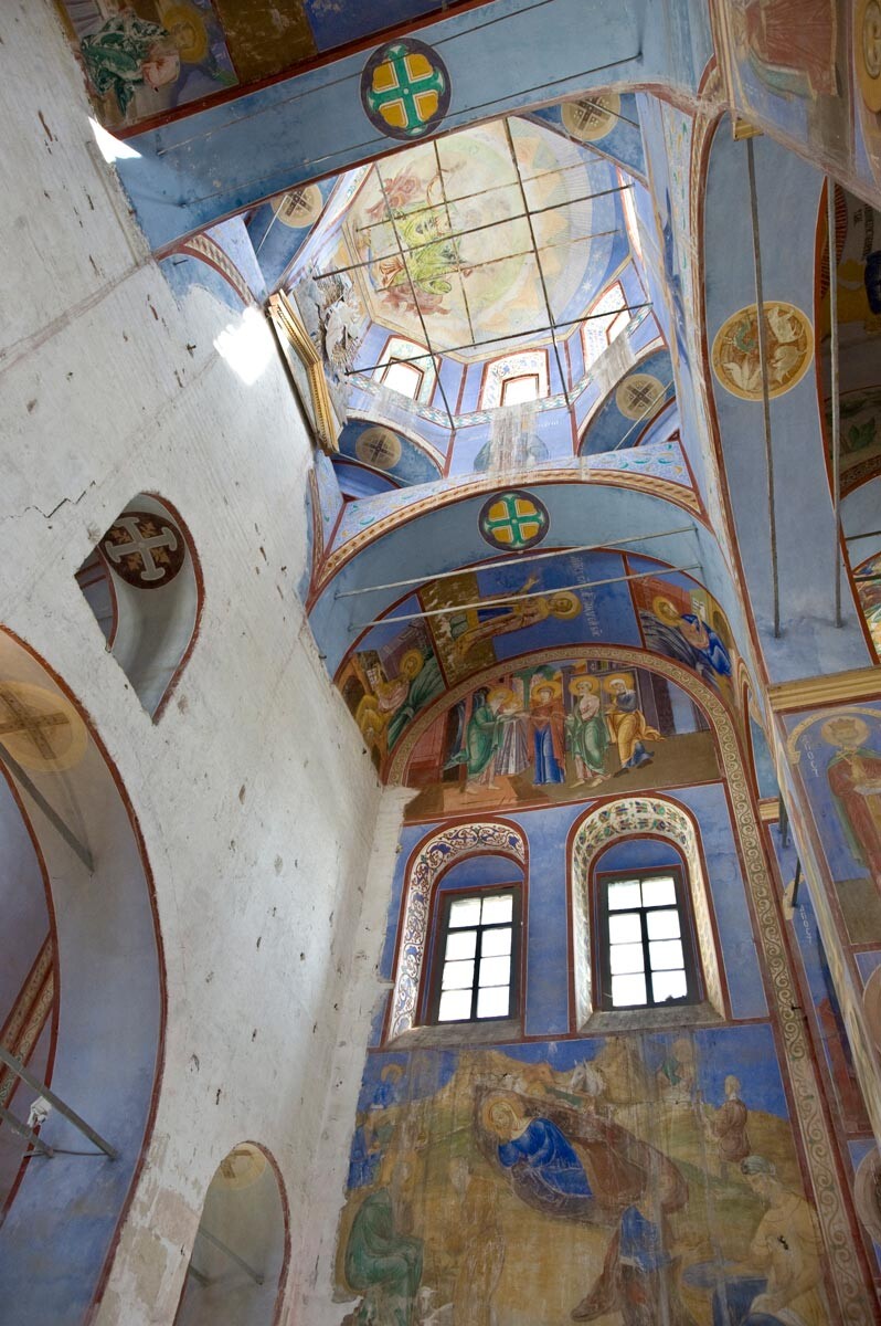Bogolyubsky Monastery. Cathedral of Nativity of the Virgin. Interior, view south with dome & late 19th-century frescoes. July 18, 2009