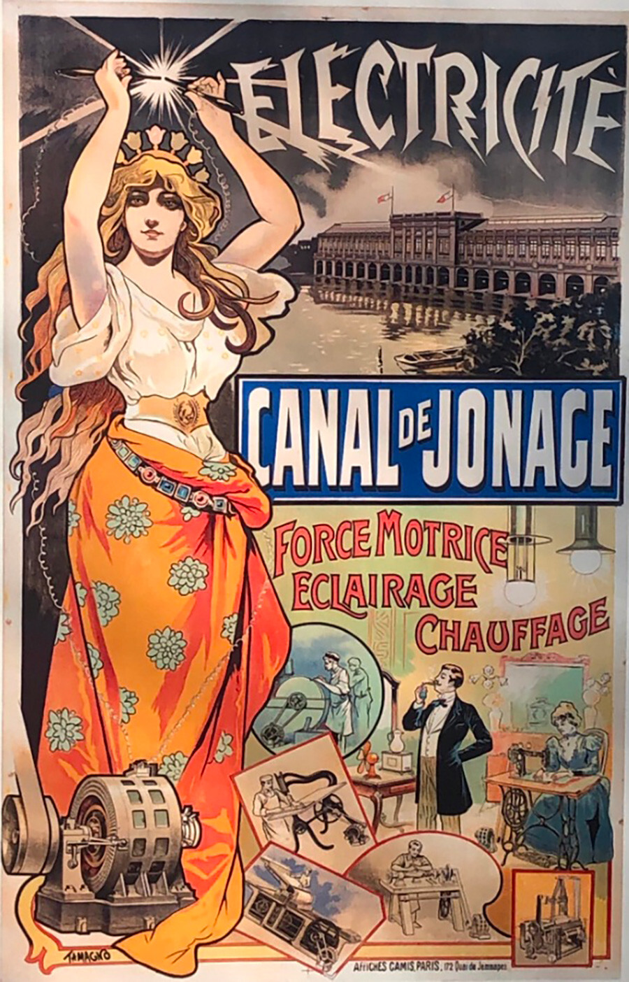 Poster dewi listrik oleh F. Tamagno, 1900.