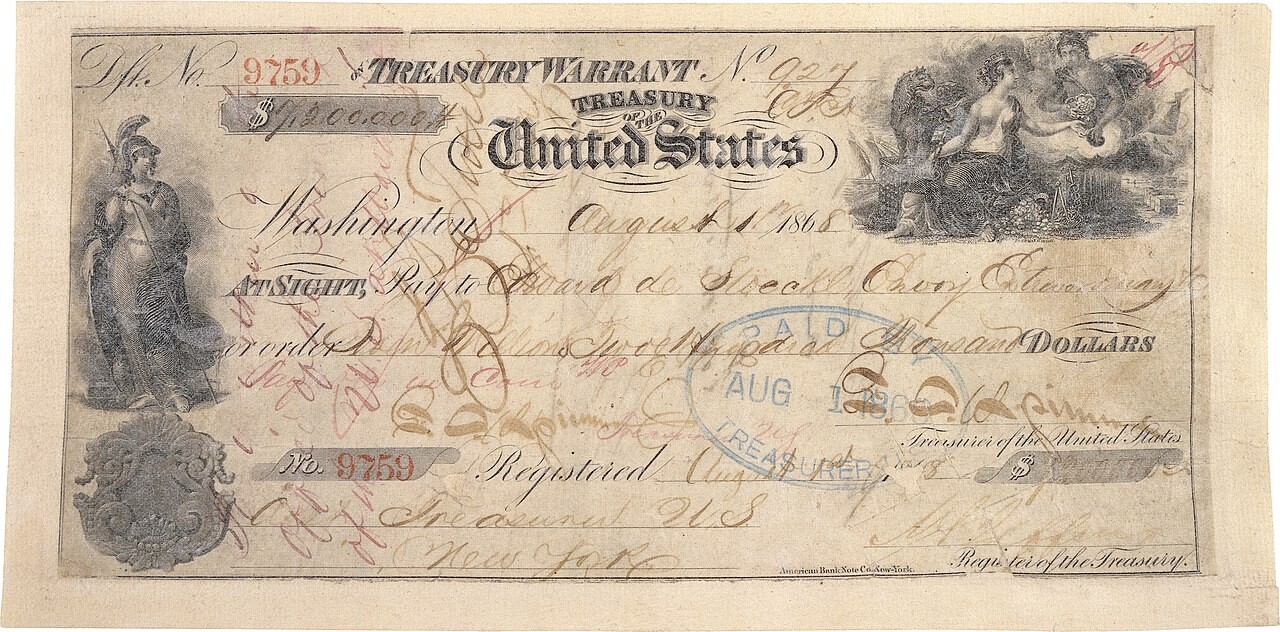 Orden del Tesoro emitida el 1 de agosto de 1868, en el edificio del Sub-Tesoro en el 26 de Wall Street, Nueva York. ¿El precio de compra del 49º estado? Menos de dos centavos por acre.