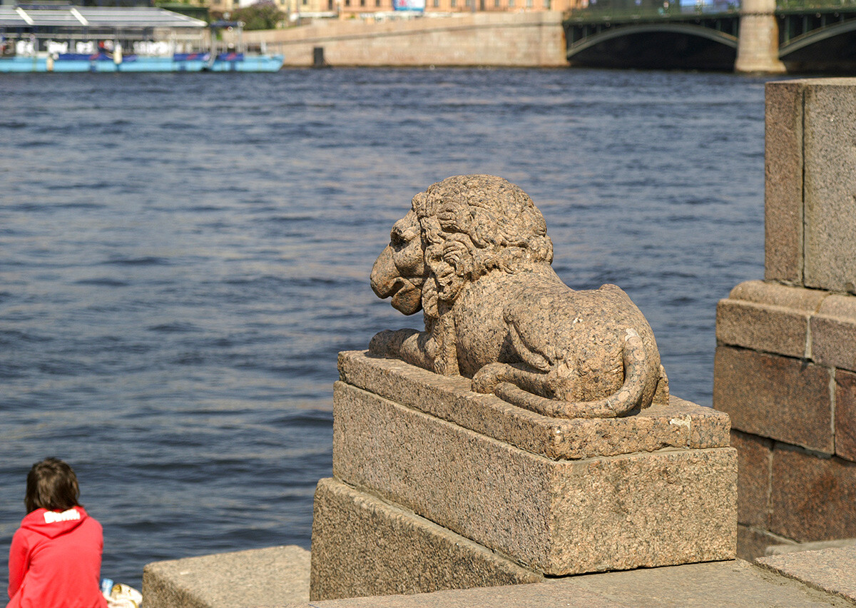 Un leone affacciato sul fiume Neva
