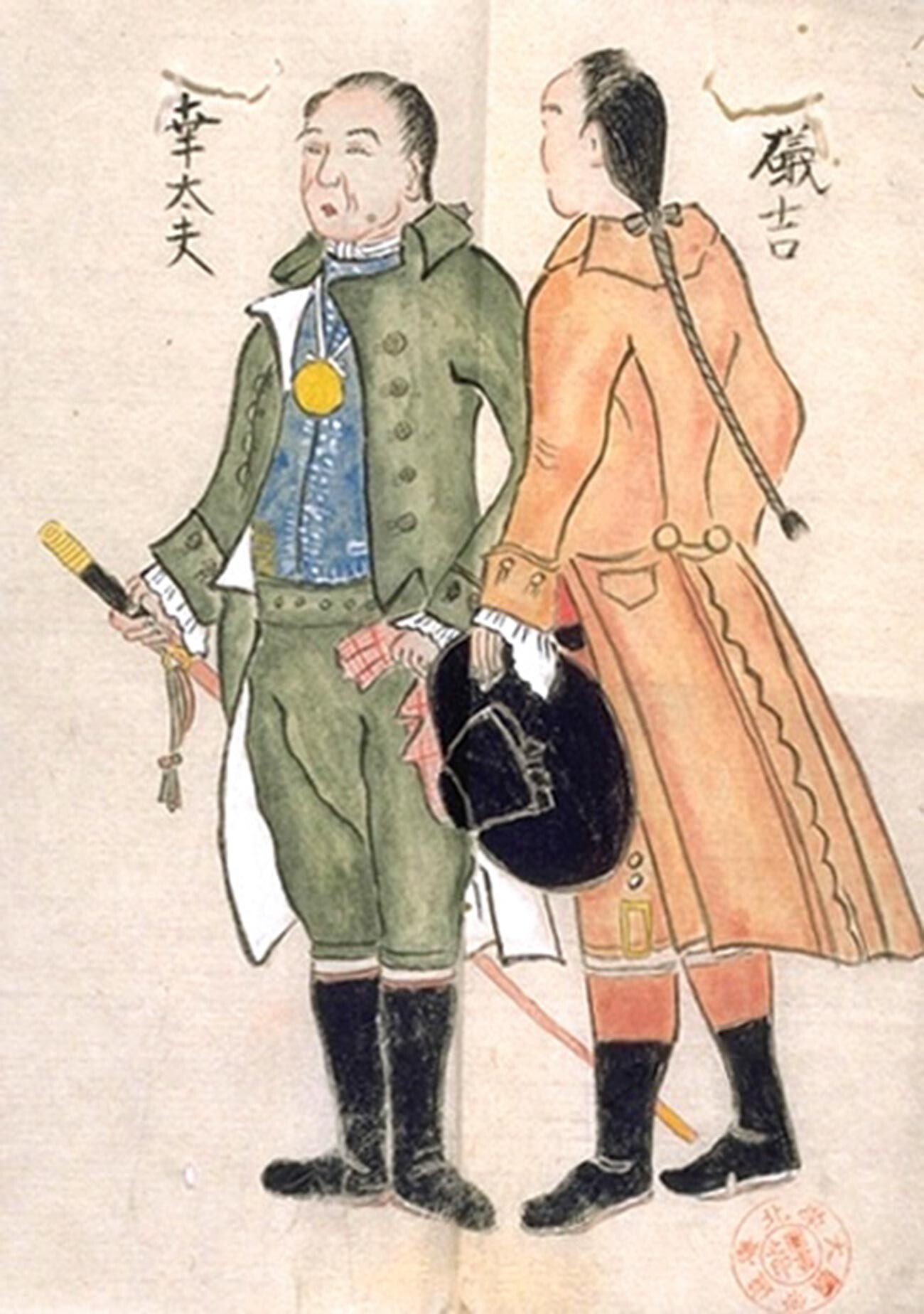 Zeichnung japanischer Kaufleute, die die Schiffbrüche überlebten und zehn Jahre in Russland verbrachten.